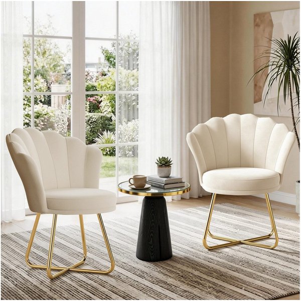 HawthyHome Polsterstuhl Polstersessel mit Blütenblatt-Rückenlehne & Goldene Metallbeine (2 St), ideal für Esszimmer & Schminktisch