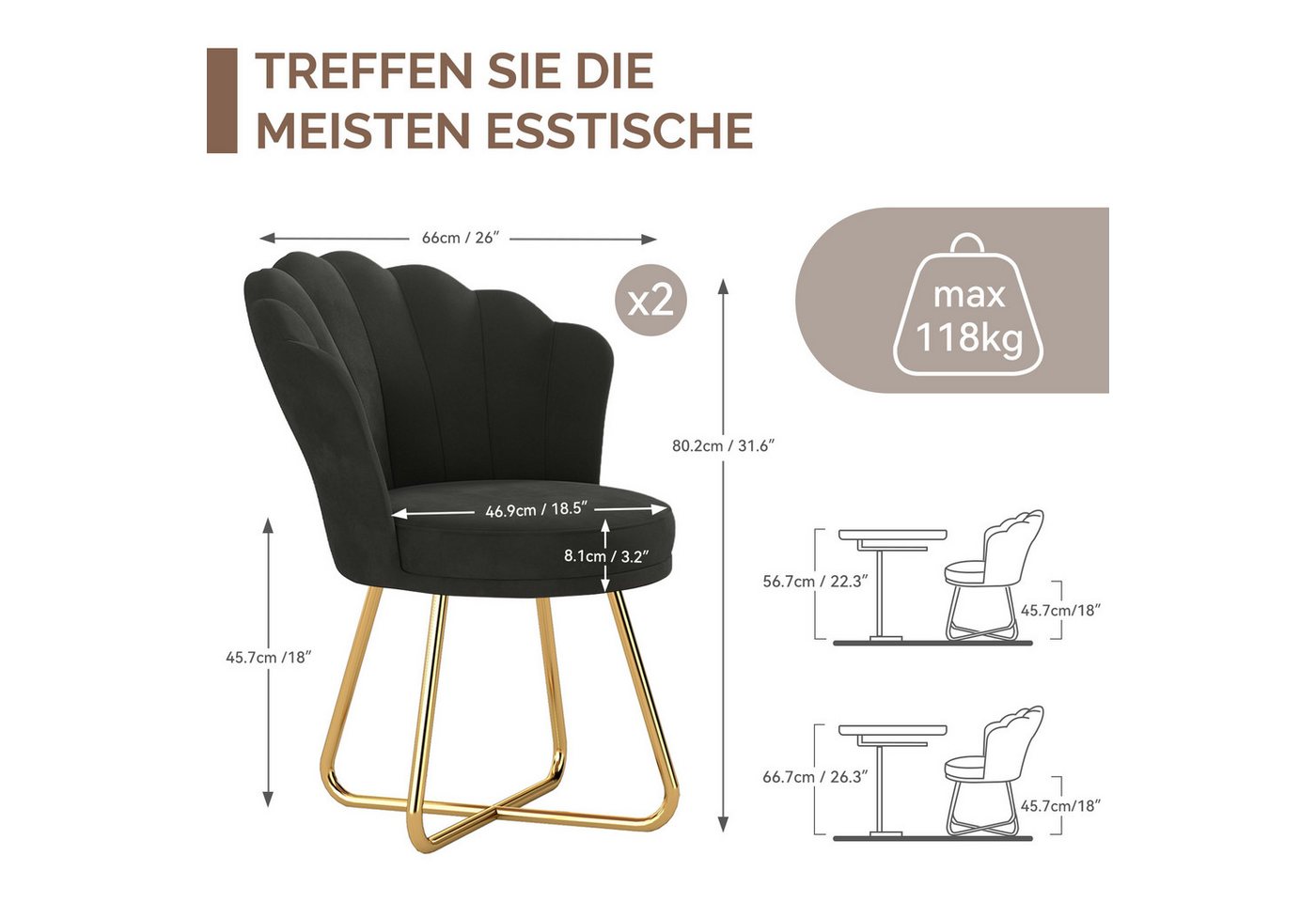 HawthyHome Polsterstuhl Polstersessel mit Blütenblatt-Rückenlehne & Goldene Metallbeine (1 St), ideal für Esszimmer & Schminktisch – Bild 2 von 5