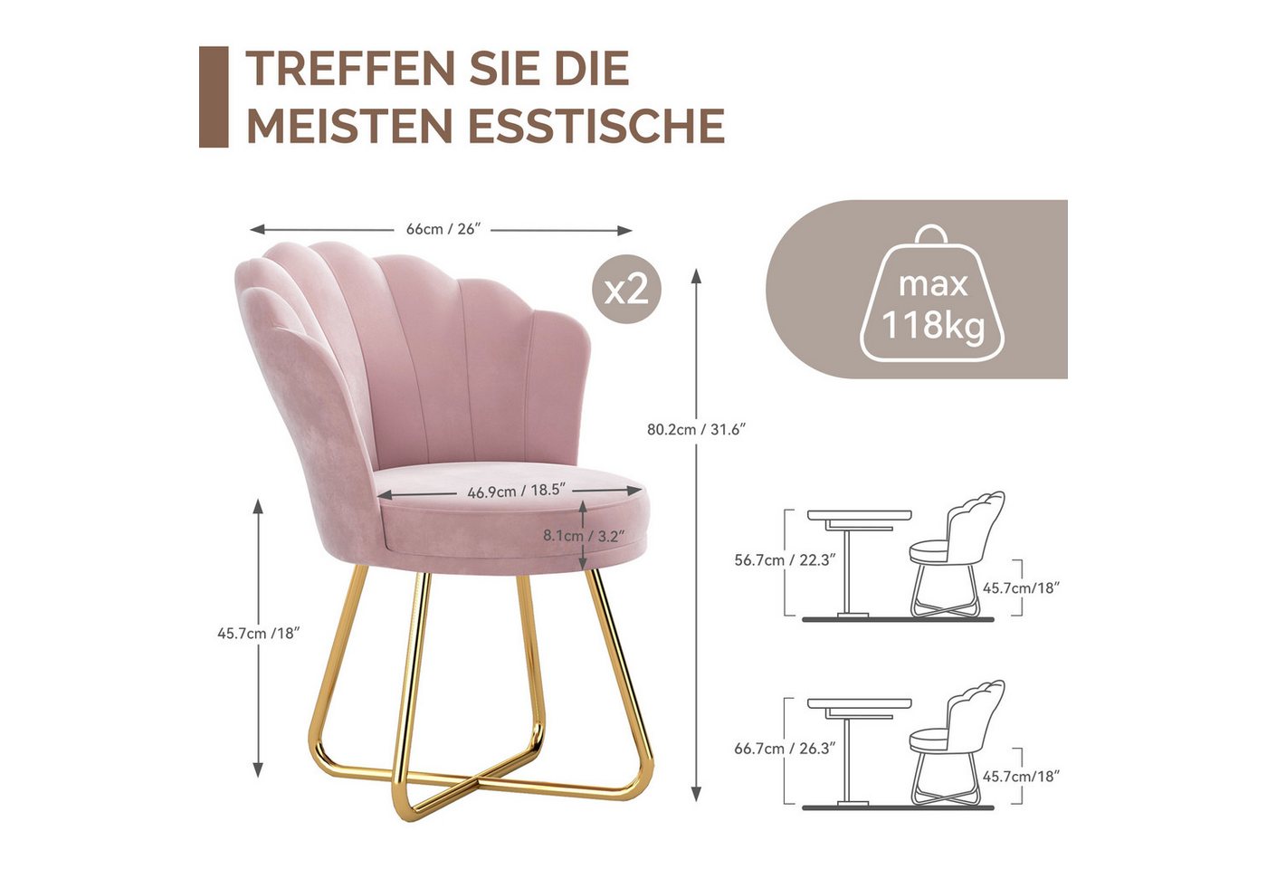 HawthyHome Polsterstuhl Polstersessel mit Blütenblatt-Rückenlehne & Goldene Metallbeine (2 St), ideal für Esszimmer & Schminktisch – Bild 2 von 5
