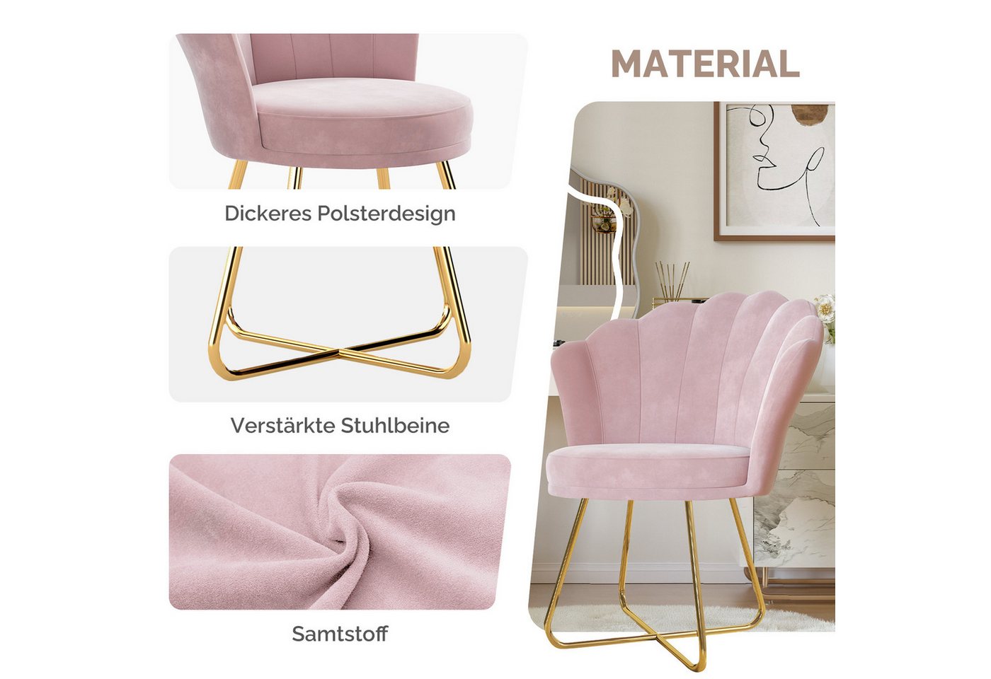 HawthyHome Polsterstuhl Polstersessel mit Blütenblatt-Rückenlehne & Goldene Metallbeine (2 St), ideal für Esszimmer & Schminktisch – Bild 5 von 5