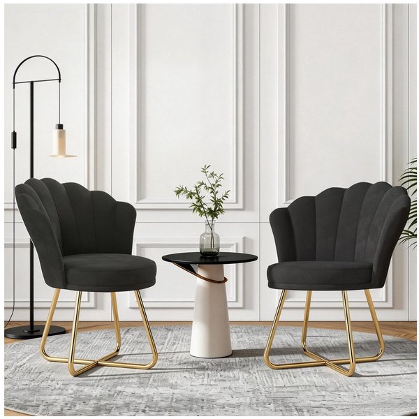 HawthyHome Polsterstuhl Polstersessel mit Blütenblatt-Rückenlehne & Goldene Metallbeine (2 St), ideal für Esszimmer & Schminktisch