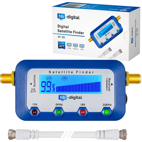 HB-DIGITAL Satfinder Digital SF-55 LCD Display blau, Einfach per Anschlusskabel zwischen LNB und Receiver geschaltet.