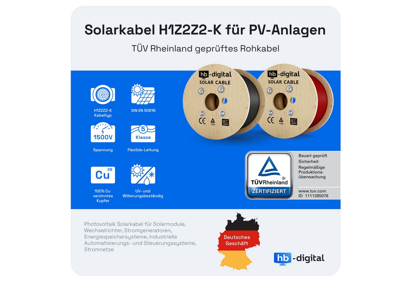 HB-DIGITAL Solarkabel 6mm2 Solarleitung H1Z2Z2-K Photovoltaik PV Kabel Solarkabel, Solarstecker, (5000 cm), TÜV Rheinland zertifizierte PV Kabel – Bild 3 von 5