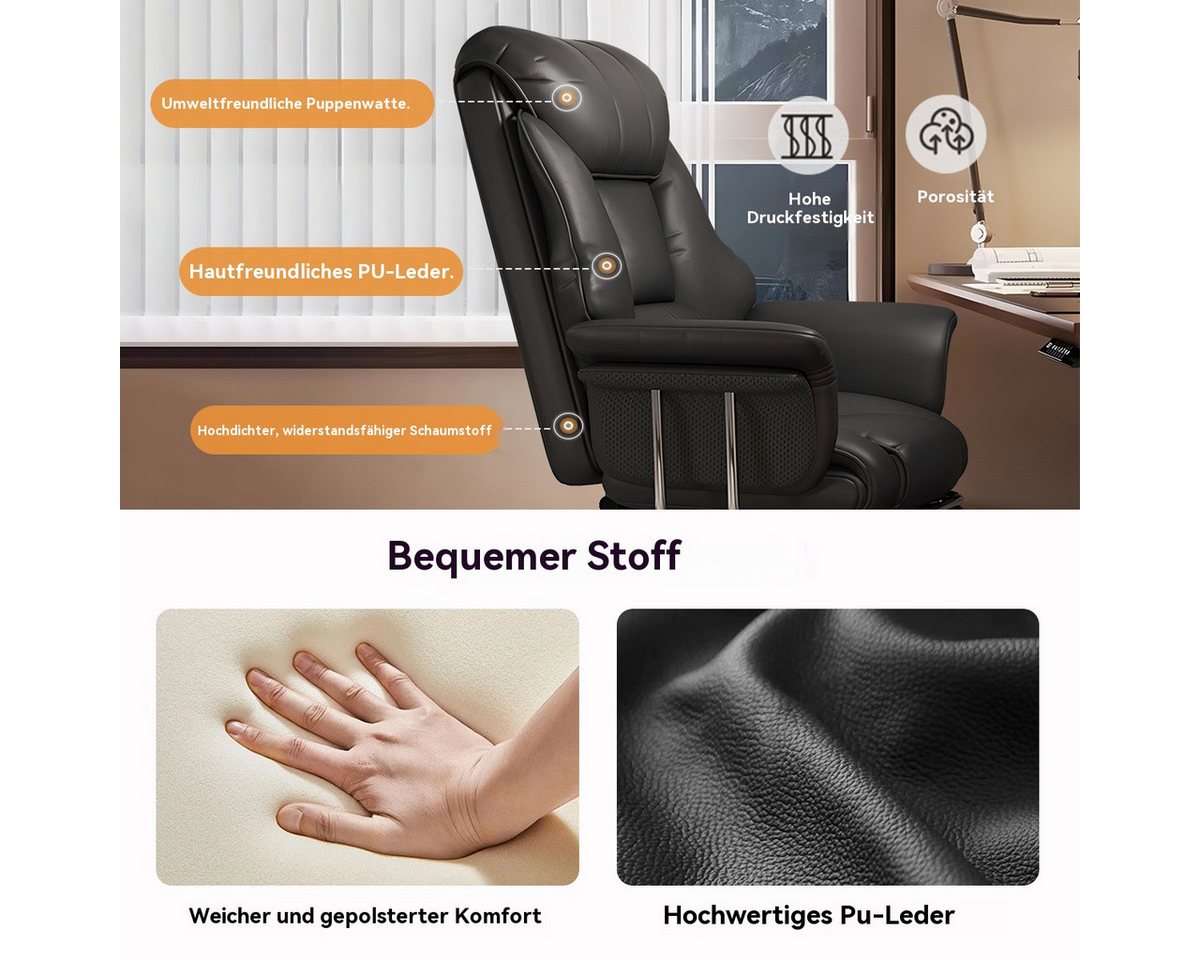 HDHNBA Chefsessel aus PU-Leder, extra breiter Schwerlast-Bürostuhl, höhenverstellbar (1 St), mit ausziehbarer Fußstütze, verstellbarer Rückenlehne, 360° drehbar – Bild 5 von 5