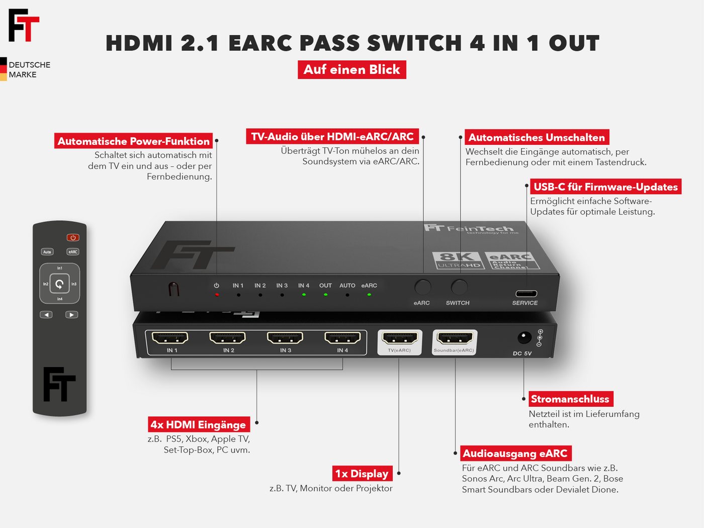 FeinTech HDMI-Splitter FeinTech AX340 HDMI 2.1 eARC Pass Switch 4 In 1 Out für eARC Soundbar, unterstützt 4K 120Hz & 8K – Bild 4 von 5