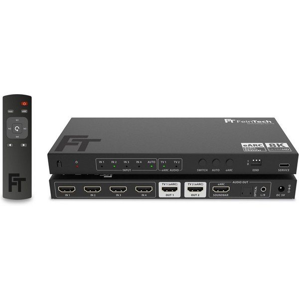FeinTech HDMI-Splitter FeinTech AX341 HDMI 2.1 eARC Splitter Switch 4 In 2 Out + Soundbar, 4K 120Hz & 8K, Audio-Anschluss für eARC-Soundbar, Toslink, Aux