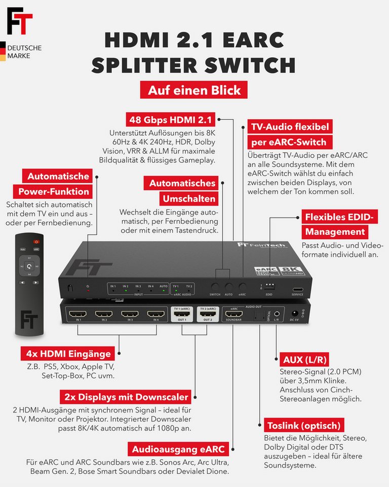 FeinTech HDMI-Splitter FeinTech AX341 HDMI 2.1 eARC Splitter Switch 4 In 2 Out + Soundbar, 4K 120Hz & 8K, Audio-Anschluss für eARC-Soundbar, Toslink, Aux – Bild 5 von 5