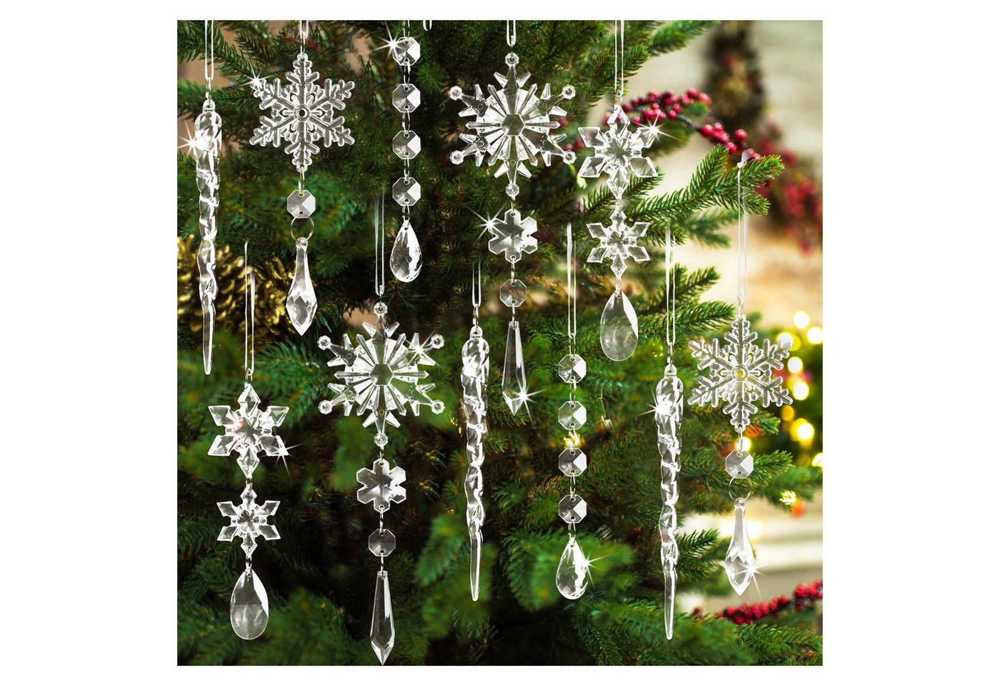 Healidy Christbaumschmuck Acryl Schneeflocken Eiszapfen Tropfen Hängedekoration (18-tlg), Ornamente für Weihnachtsbaum Winterfest und Party Deko – Bild 2 von 5