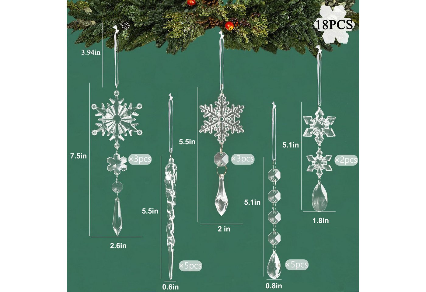 Healidy Christbaumschmuck Acryl Schneeflocken Eiszapfen Tropfen Hängedekoration (18-tlg), Ornamente für Weihnachtsbaum Winterfest und Party Deko – Bild 5 von 5