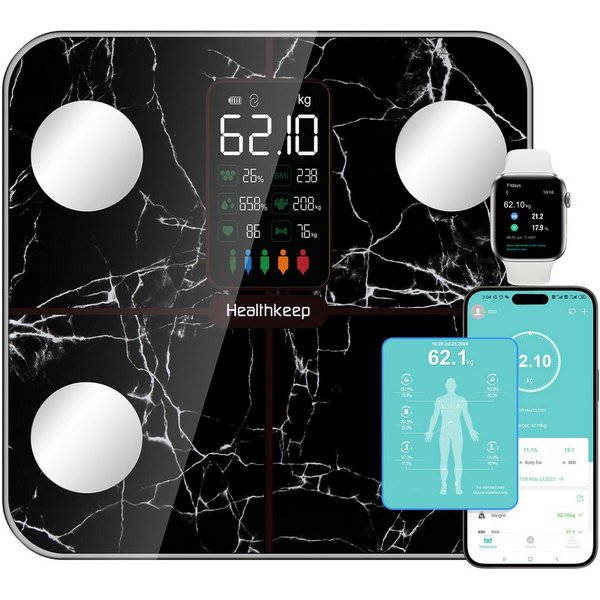 Healthkeep Körper-Analyse-Waage Intelligente Körperanalysewaage 15 Körperdaten mit großem VA-Display, Digitale Waage Impedanzmessung Bluetooth, App für Android 