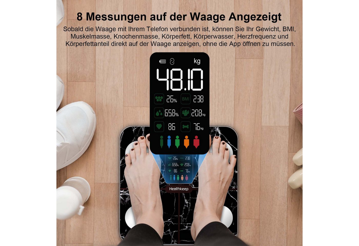 Healthkeep Körper-Analyse-Waage Intelligente Körperanalysewaage 15 Körperdaten mit großem VA-Display, Digitale Waage Impedanzmessung Bluetooth, App für Android  – Bild 3 von 5