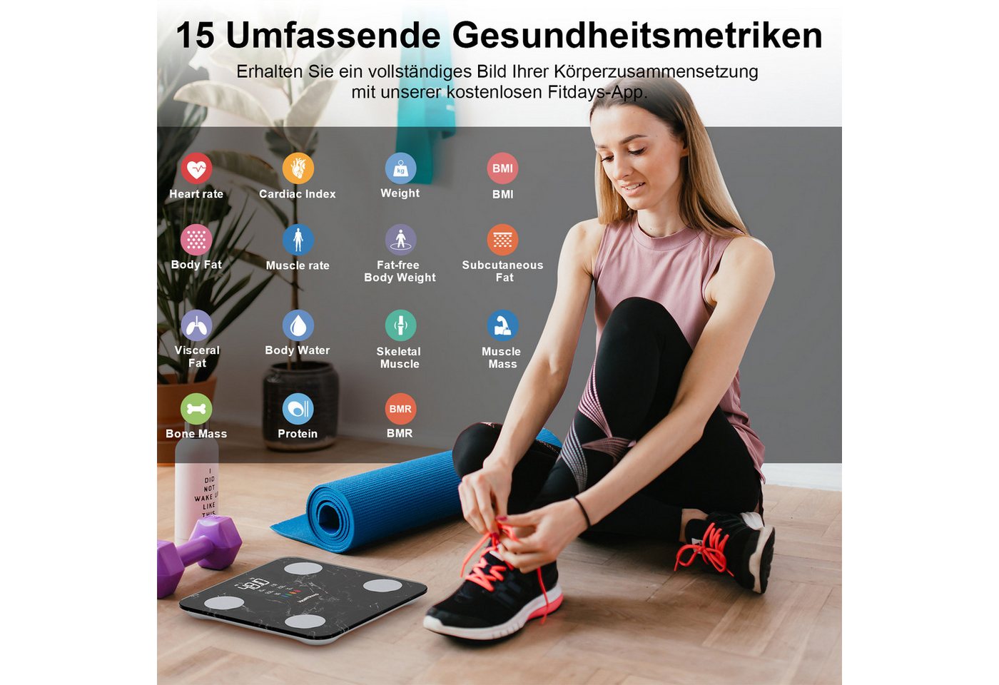 Healthkeep Körper-Analyse-Waage Intelligente Körperanalysewaage 15 Körperdaten mit großem VA-Display, Digitale Waage Impedanzmessung Bluetooth, App für Android  – Bild 4 von 5