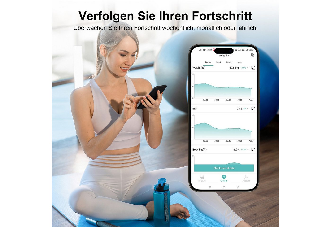 Healthkeep Körper-Analyse-Waage Intelligente Körperanalysewaage 15 Körperdaten mit großem VA-Display, Digitale Waage Impedanzmessung Bluetooth, App für Android  – Bild 5 von 5