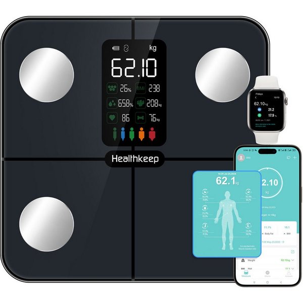 Healthkeep Körper-Analyse-Waage Intelligente Körperanalysewaage 15 Körperdaten mit großem VA-Display, Digitale Waage Impedanzmessung Bluetooth, App für Android 
