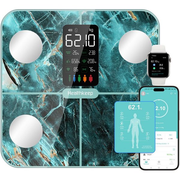 Healthkeep Körper-Analyse-Waage Intelligente Körperanalysewaage 15 Körperdaten mit großem VA-Display, Digitale Waage Impedanzmessung Bluetooth, App für Android 