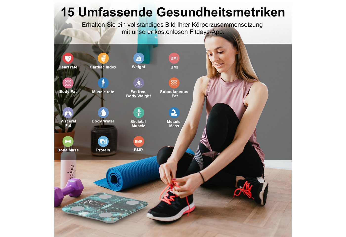 Healthkeep Körper-Analyse-Waage Intelligente Körperanalysewaage 15 Körperdaten mit großem VA-Display, Digitale Waage Impedanzmessung Bluetooth, App für Android  – Bild 4 von 5