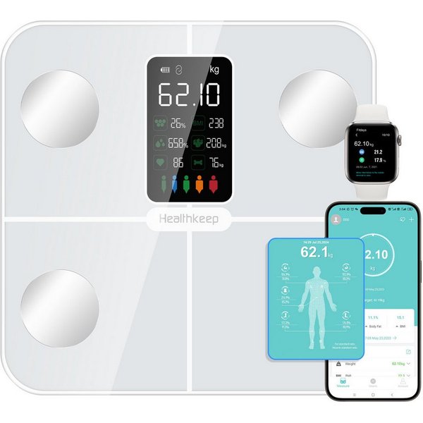 Healthkeep Körper-Analyse-Waage Intelligente Körperanalysewaage 15 Körperdaten mit großem VA-Display, Digitale Waage Impedanzmessung Bluetooth, App für Android 