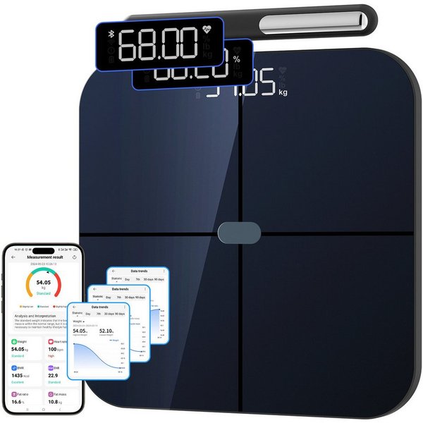 Healthkeep Körper-Analyse-Waage Smartwaage mit 8 Elektroden 56 Präzise Körpermessungen WiFi /Bluetooth, ITO-Panel USB-C Aufladung, App für Android & iOS, bis 18