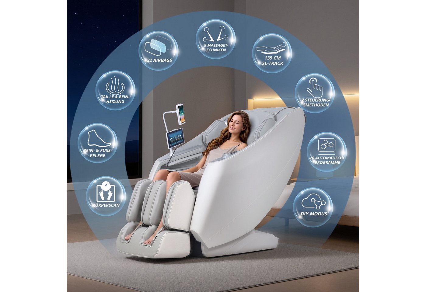 HealthRelife Massagesessel mit Touchscreen, 4D-Massage, 135 cm SL-Schiene, Nullgravitation (1-St), Waden- und Rückenheizung, Shiatsu-Massagesitz, Ganzkörpermass – Bild 2 von 5