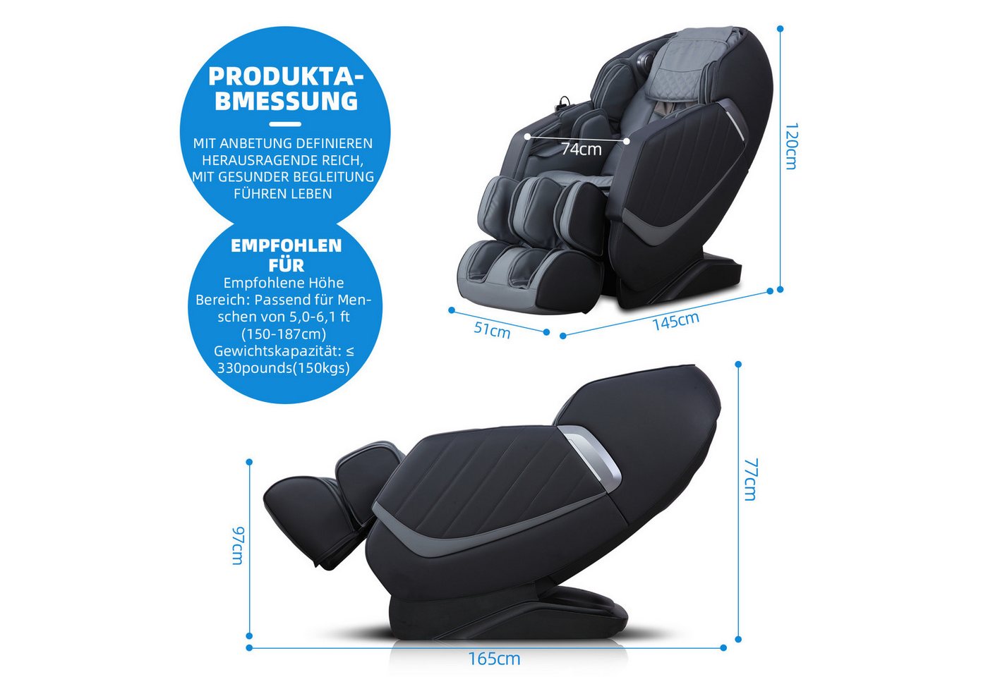 HealthRelife Massagesessel mit Zero-Gravity, 3D Shiatsu, Körperscan, SL-Schiene, beheizbarer (1-St), mit Relaxfunktion – Bild 2 von 5