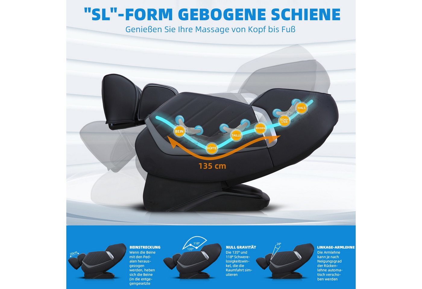 HealthRelife Massagesessel mit Zero-Gravity, 3D Shiatsu, Körperscan, SL-Schiene, beheizbarer (1-St), mit Relaxfunktion – Bild 4 von 5