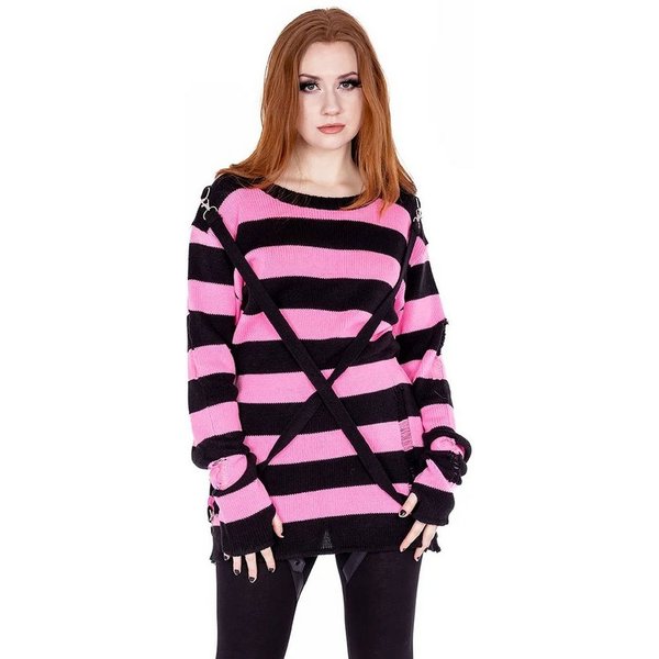 Heartless Strickpullover Oriana Strickpulli Rosa Goth Punk Gestreift Grunge Distressed