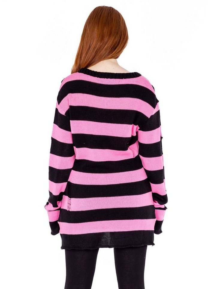 Heartless Strickpullover Oriana Strickpulli Rosa Goth Punk Gestreift Grunge Distressed – Bild 2 von 5