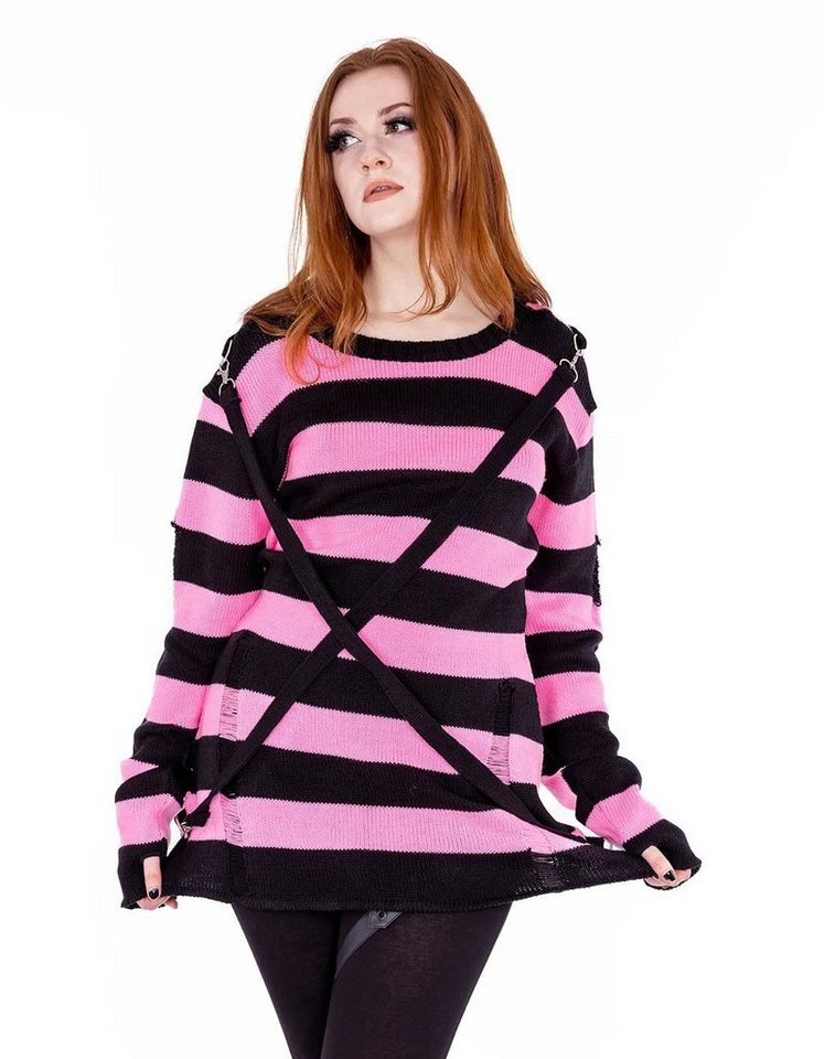 Heartless Strickpullover Oriana Strickpulli Rosa Goth Punk Gestreift Grunge Distressed – Bild 4 von 5