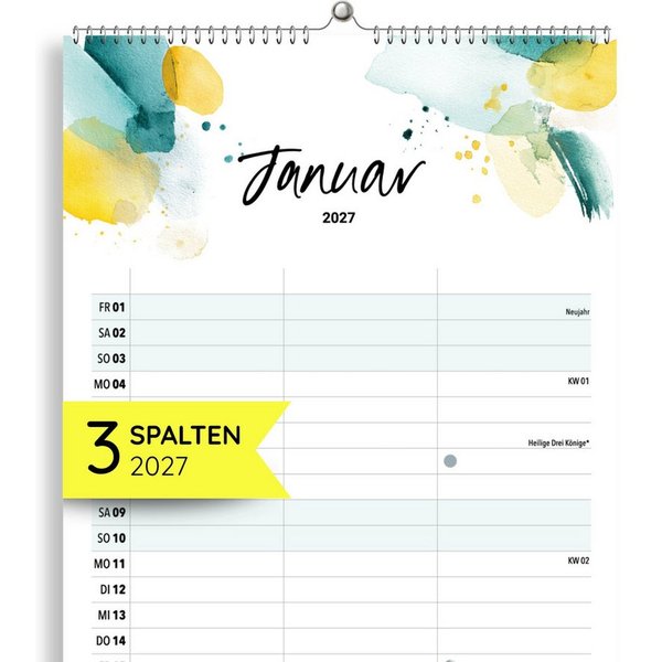 heaven+paper Partnerkalender Paarplaner Splash 3 Spalten 2027 künstlerisch, hochwertig, Hergestellt in Deutschland
