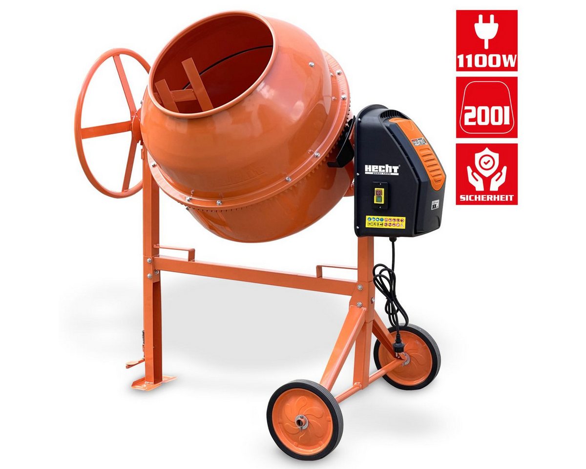 Hecht Betonmischer Mörtelmischer 2223, 1100W, 200L Volumen, 26 U/min, Ø 415 mm, 270 mm Räder, IP44 & Schutzklasse II – Bild 2 von 5