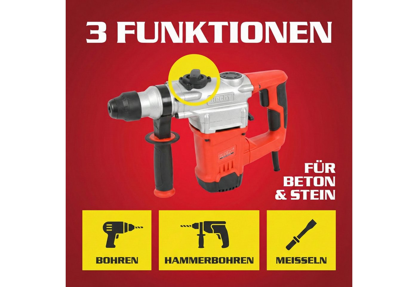 Hecht Bohrhammer mit Kabel 4250 U/min SDS-Plus, 230 V, max. 950 U/min, mit Koffer – Bild 3 von 5