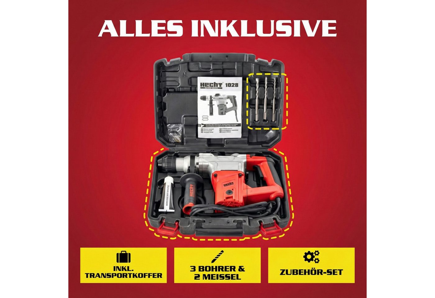 Hecht Bohrhammer mit Kabel 4250 U/min SDS-Plus, 230 V, max. 950 U/min, mit Koffer – Bild 5 von 5