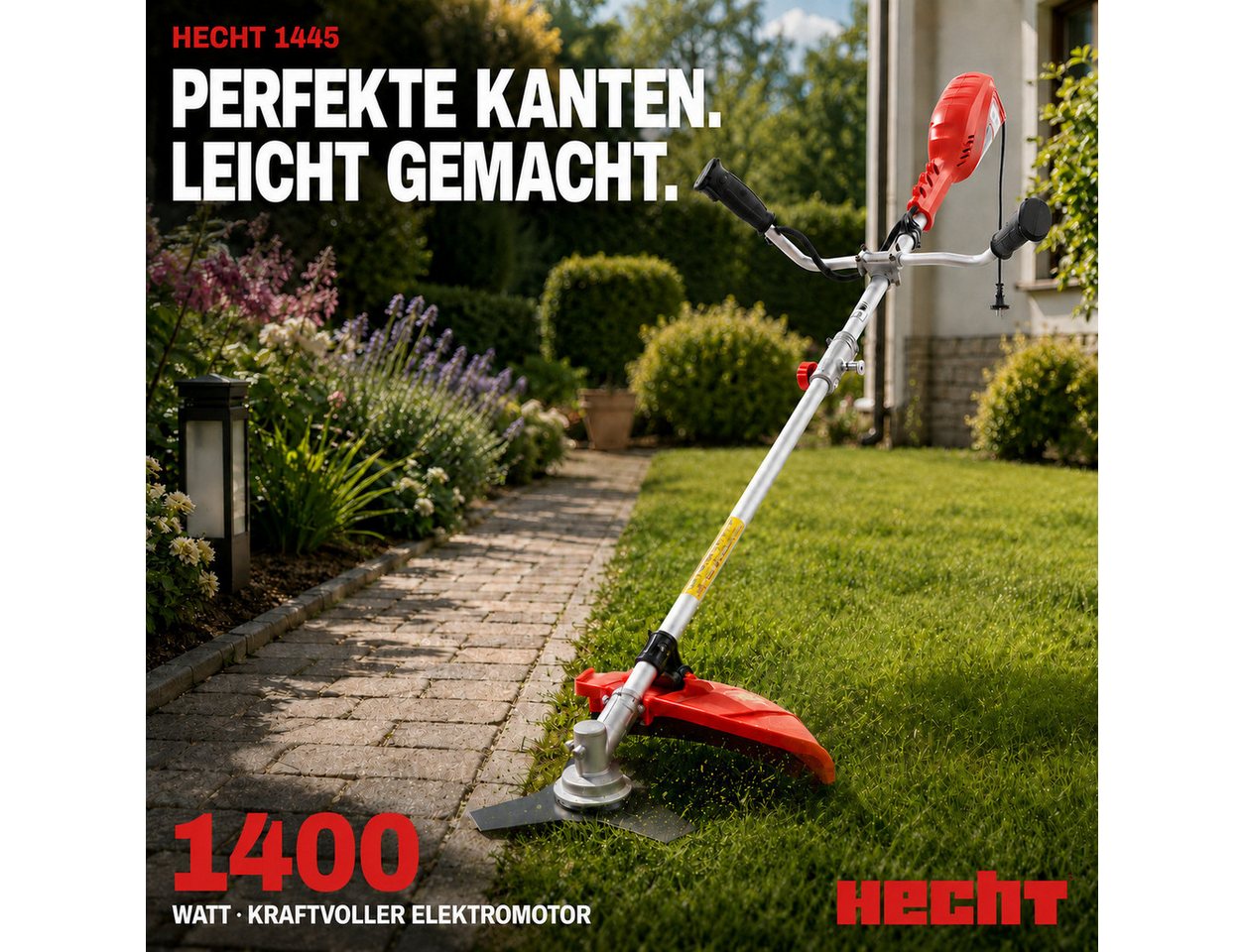 Hecht Elektro-Freischneider Motorsense 1445, 25,4 cm Arbeitsbreite Messer, 42 cm Arbeitsbreite Faden, 1400W, inklusive Tragegurt – Bild 2 von 5