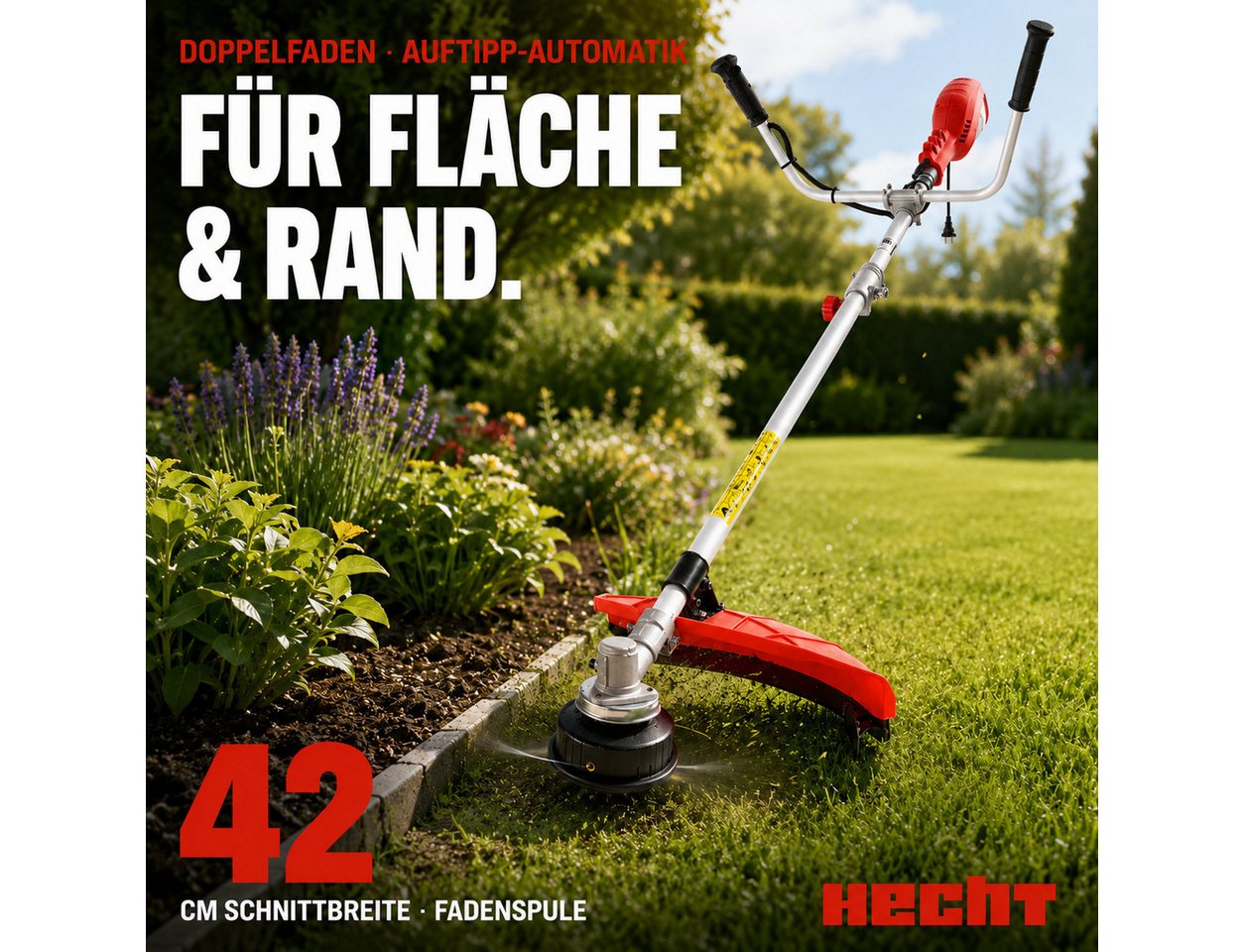 Hecht Elektro-Freischneider Motorsense 1445, 25,4 cm Arbeitsbreite Messer, 42 cm Arbeitsbreite Faden, 1400W, inklusive Tragegurt – Bild 4 von 5