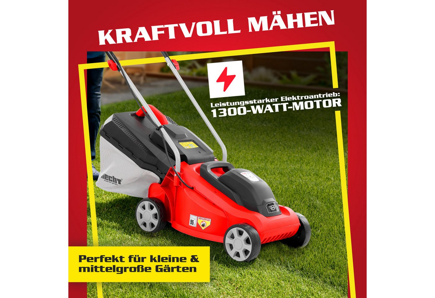 Hecht Elektrorasenmäher 1300W, 30L Fangkorb, 3-stufige Schnitthöhenverstellung 20 – 60 mm, 33 cm Schnittbreite, Kabelzugentlastung, Tragegriff – Bild 2 von 5
