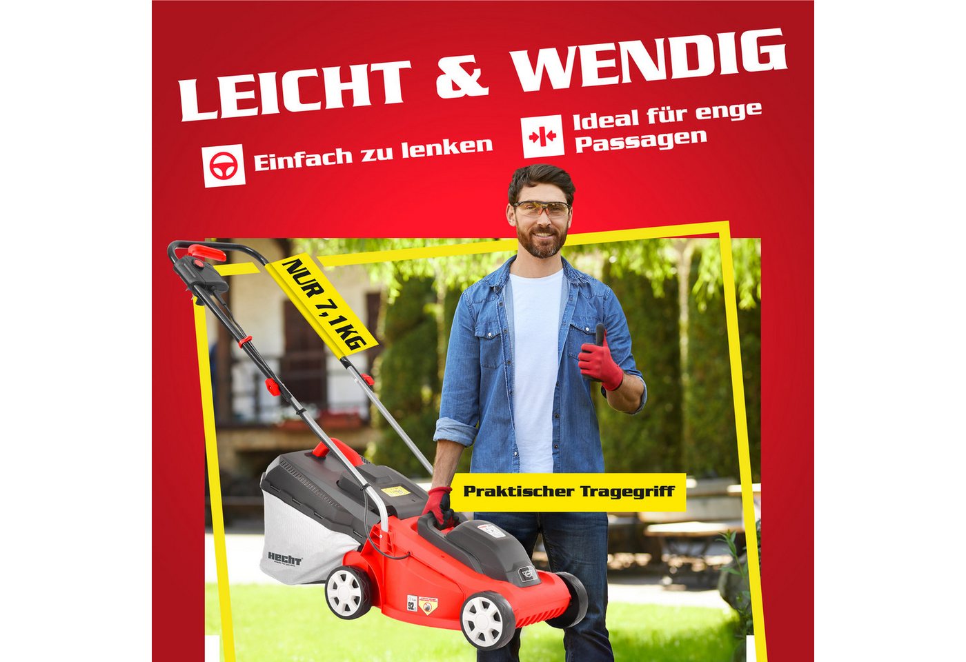 Hecht Elektrorasenmäher 1300W, 30L Fangkorb, 3-stufige Schnitthöhenverstellung 20 – 60 mm, 33 cm Schnittbreite, Kabelzugentlastung, Tragegriff – Bild 3 von 5