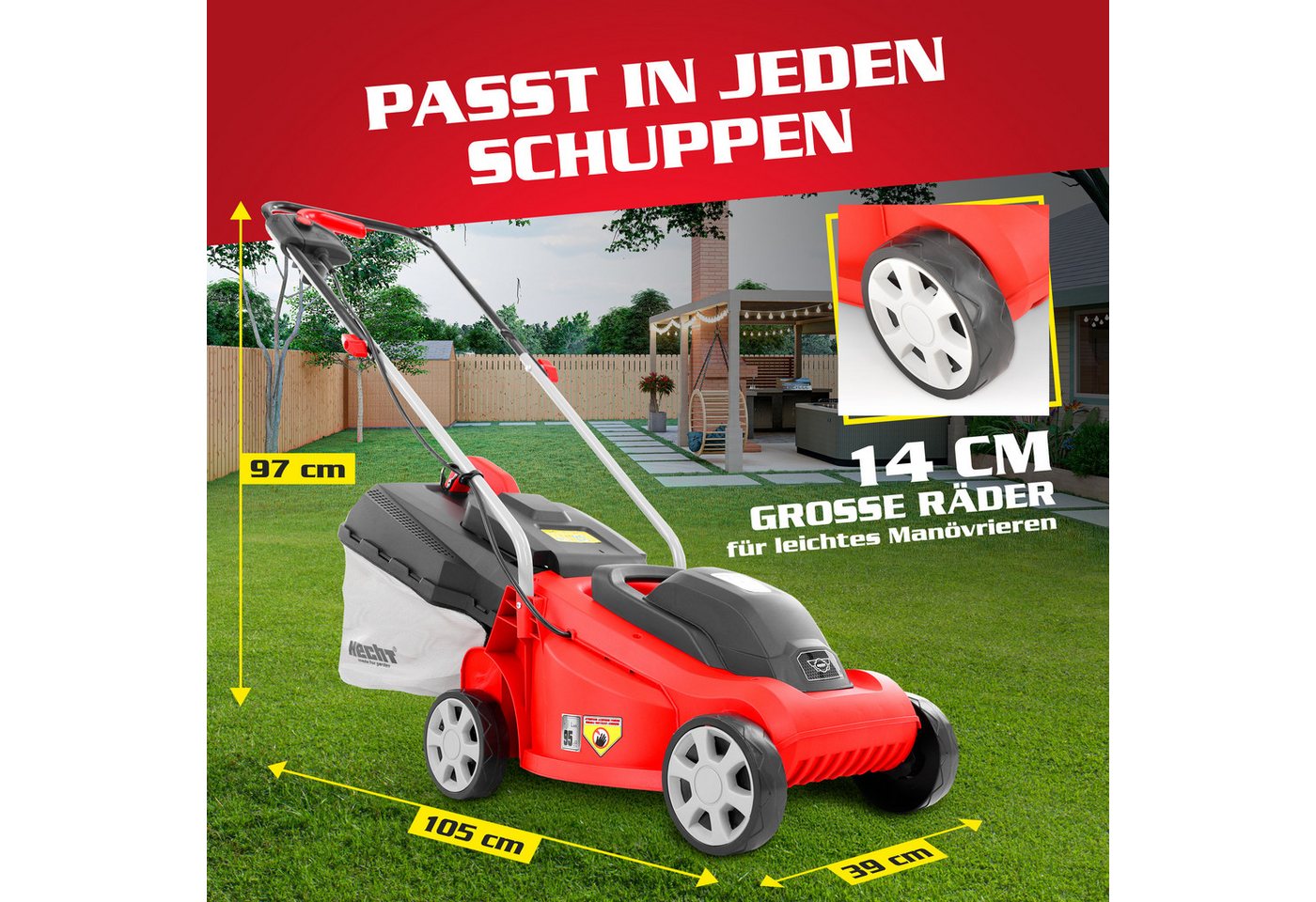 Hecht Elektrorasenmäher 1300W, 30L Fangkorb, 3-stufige Schnitthöhenverstellung 20 – 60 mm, 33 cm Schnittbreite, Kabelzugentlastung, Tragegriff – Bild 4 von 5