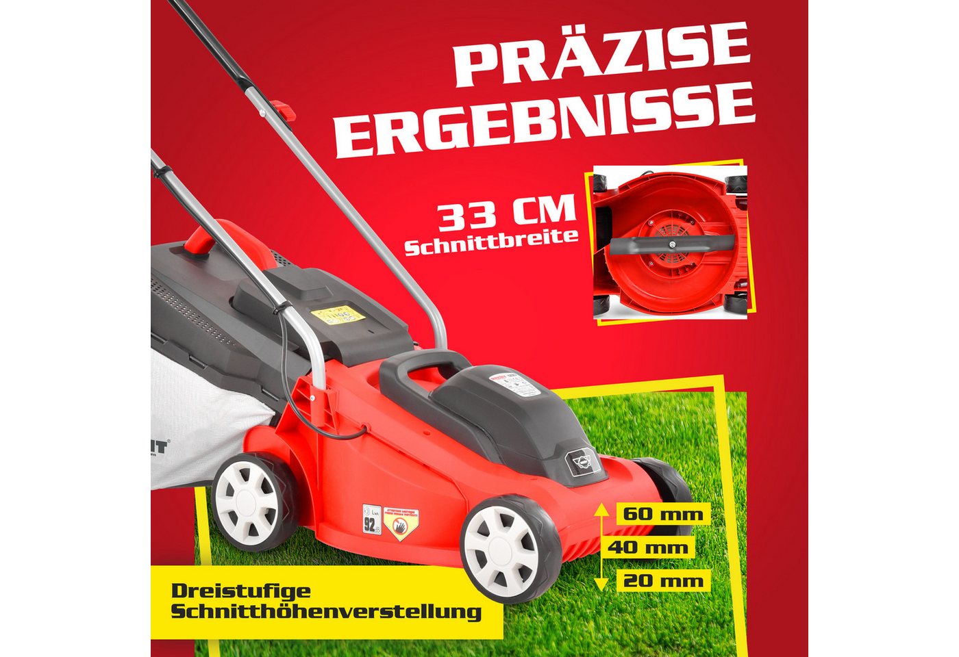 Hecht Elektrorasenmäher 1300W, 30L Fangkorb, 3-stufige Schnitthöhenverstellung 20 – 60 mm, 33 cm Schnittbreite, Kabelzugentlastung, Tragegriff – Bild 5 von 5