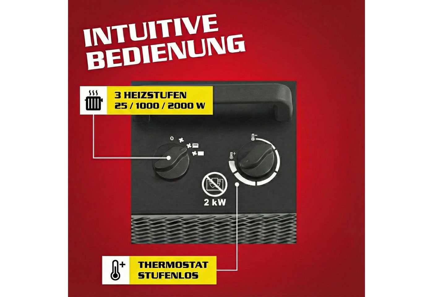 Hecht Keramikheizlüfter 3544 Elektro Heizer, Heizstrahler 2in1 Ventilator, 2000W, Thermostat, Tragbar, 3 Stufen, 120 m³/h – Bild 5 von 5
