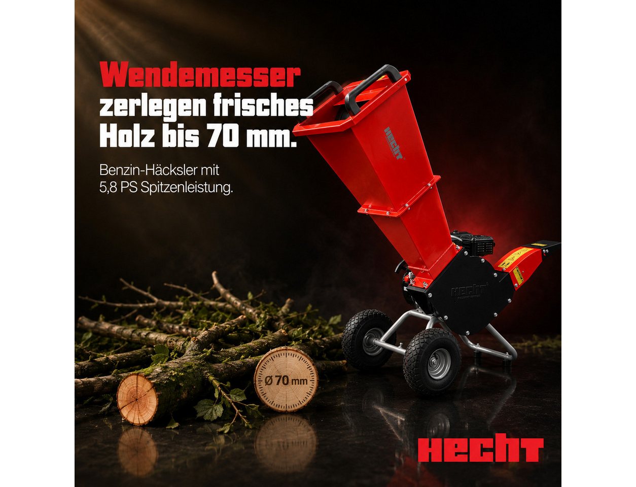 Hecht Messerhäcksler Gartenhäcksler 6206, 2 Wendemesser, Trommel, Holz Schredder Häcksler, 7 cm max. Astdurchmesser, 4,3 kW / 5,8 PS, Luftbereifung, verstellbar – Bild 2 von 5
