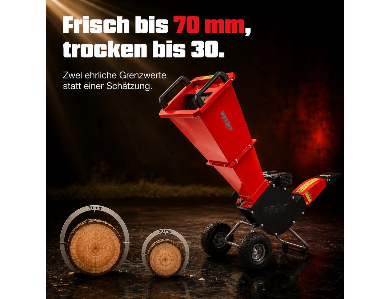 Hecht Messerhäcksler Gartenhäcksler 6206, 2 Wendemesser, Trommel, Holz Schredder Häcksler, 7 cm max. Astdurchmesser, 4,3 kW / 5,8 PS, Luftbereifung, verstellbar – Bild 4 von 5