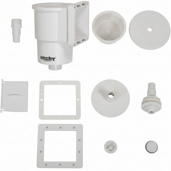 Hecht Skimmer Poolskimmer komplett Set, 1 ¼ und 1 ½ Zoll Anschlüsse, Einlaufdüse, Saugplatte, 135 mm Auffangsieb, für Aufstell- & Fertigbecken