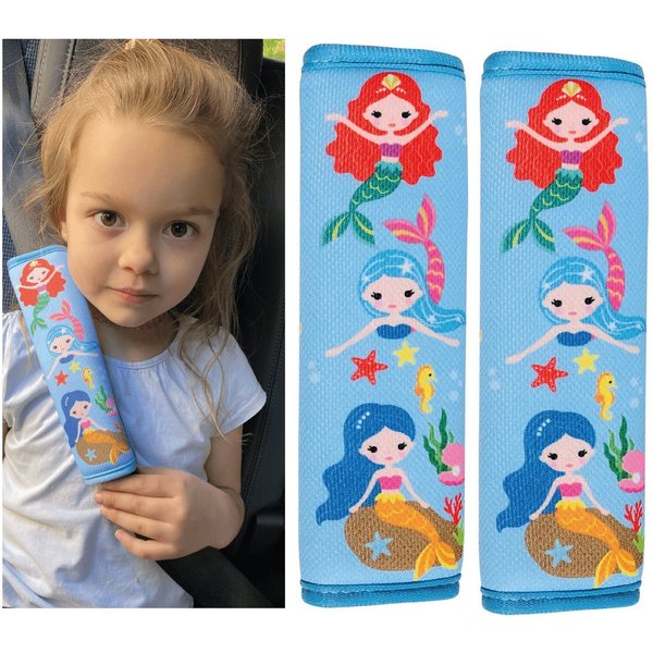 HECKBO Schlafkissen 1x oder 2x Kinder Auto Gurtpolster Gurtschutz mit Meerjungfrauen Motiv - Sicherheitsgurt Polster für Kinder und Babys- Ideal für jeden Gurt