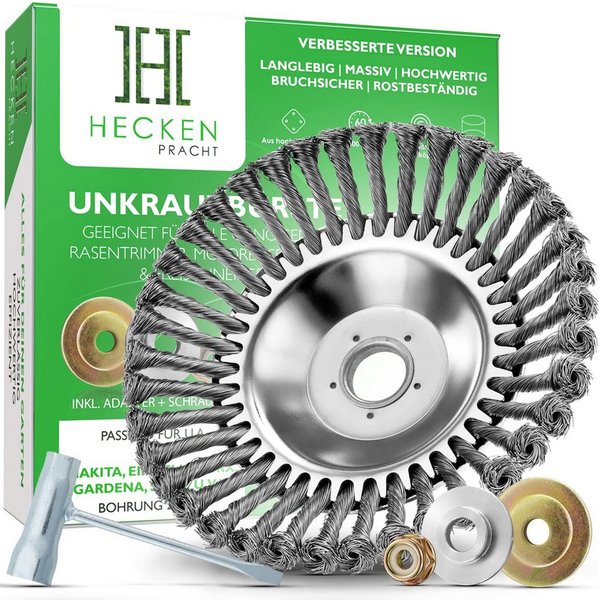 Heckenpracht Drahtbürste Freischneider, Profi Unkrautbürste für Freischneider 25,4mm Bohrung, (Wildkrautbürste für Motorsense zur effektiven Unkrautentfernung)