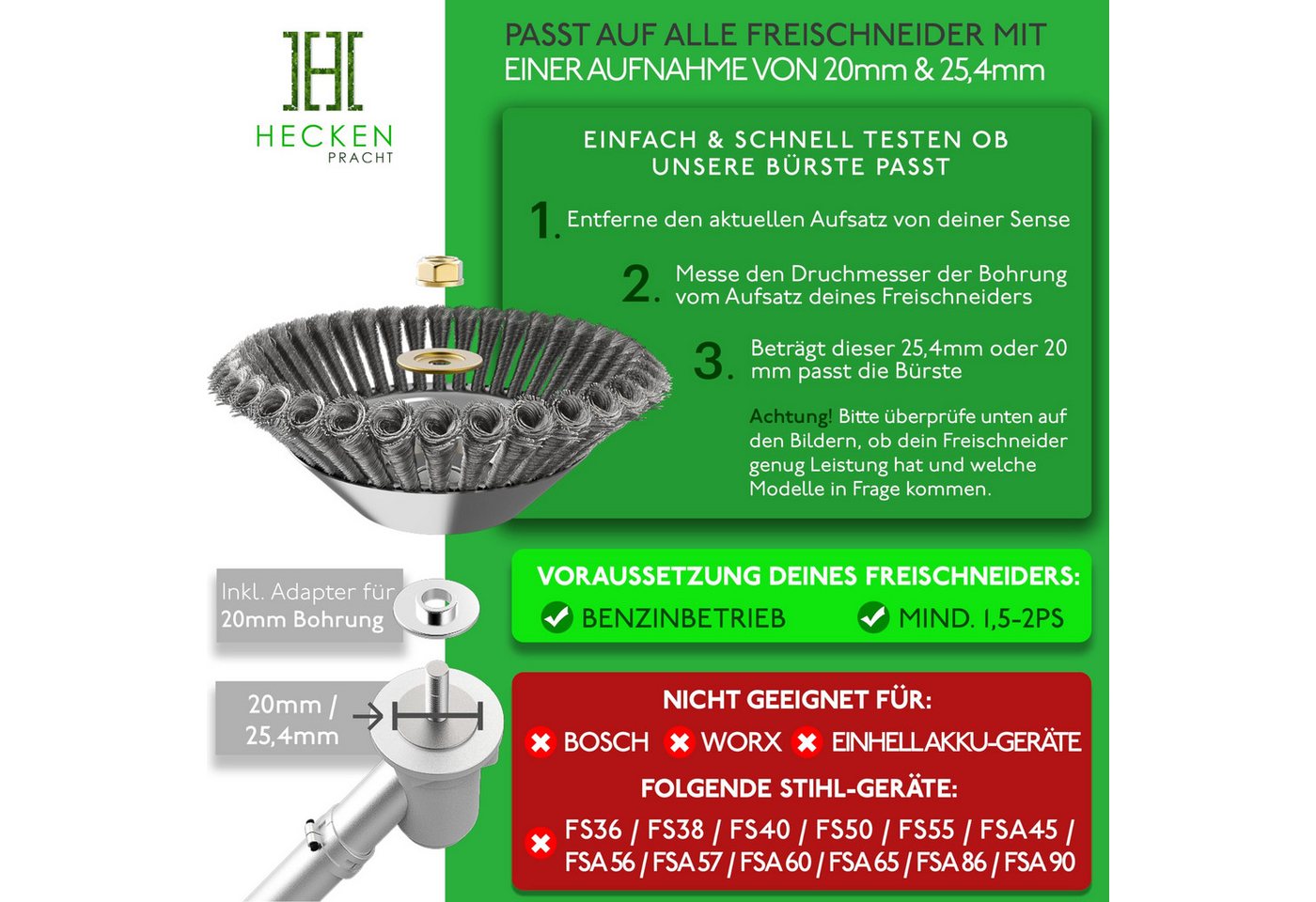 Heckenpracht Drahtbürste Freischneider, Profi Unkrautbürste für Freischneider 25,4mm Bohrung, (Wildkrautbürste für Motorsense zur effektiven Unkrautentfernung) – Bild 5 von 5