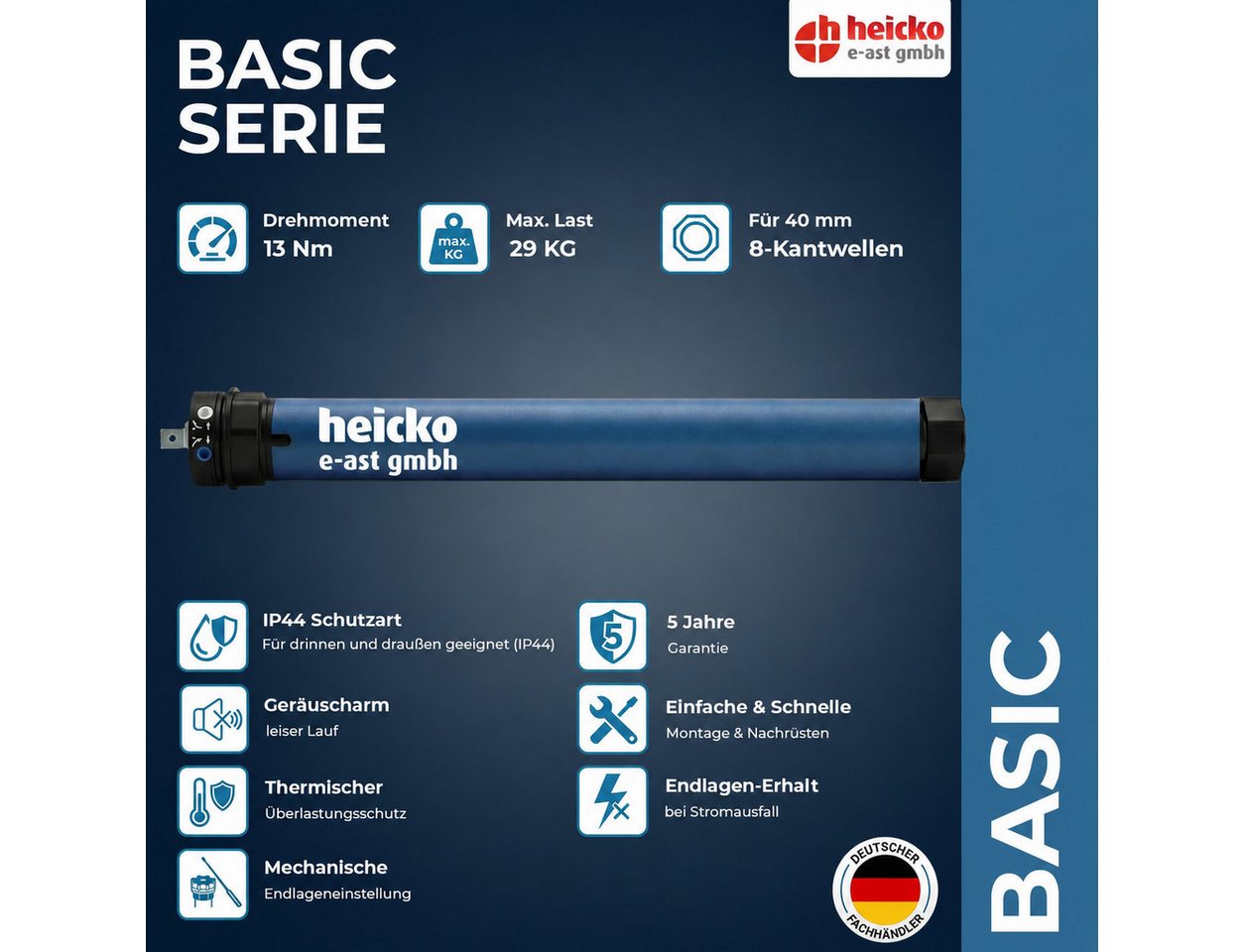 heicko e-ast GmbH Rollladenmotor heicko 10-50Nm Rollladenmotor Rohrmotor SW40-60 Rolladenantrieb basic, (Packung) – Bild 2 von 5
