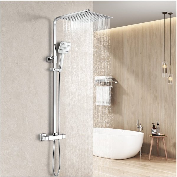 Heilmetz Duschsystem mit Thermostat, 30 × 30 cm Kopfbrause, Höhenverstellbar, Regendusche mit Handbrause, 38 °C Sicherheitssperre, Chrom