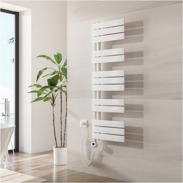Heilmetz Elektrischer Badheizkörper 117,6 x 40 cm, 600W, mit WLAN Heizstab, Asymmetrisch Design, Weiß Handtuchwärmer mit Smart App/Sprachsteuerung