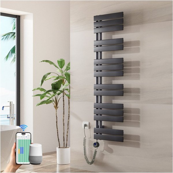 Heilmetz Elektrischer Badheizkörper 138,5 x 40 cm, 600W, mit WLAN Heizstab, Asymmetrisch Design, Anthrazit Handtuchwärmer mit Smart App/Sprachsteuerung