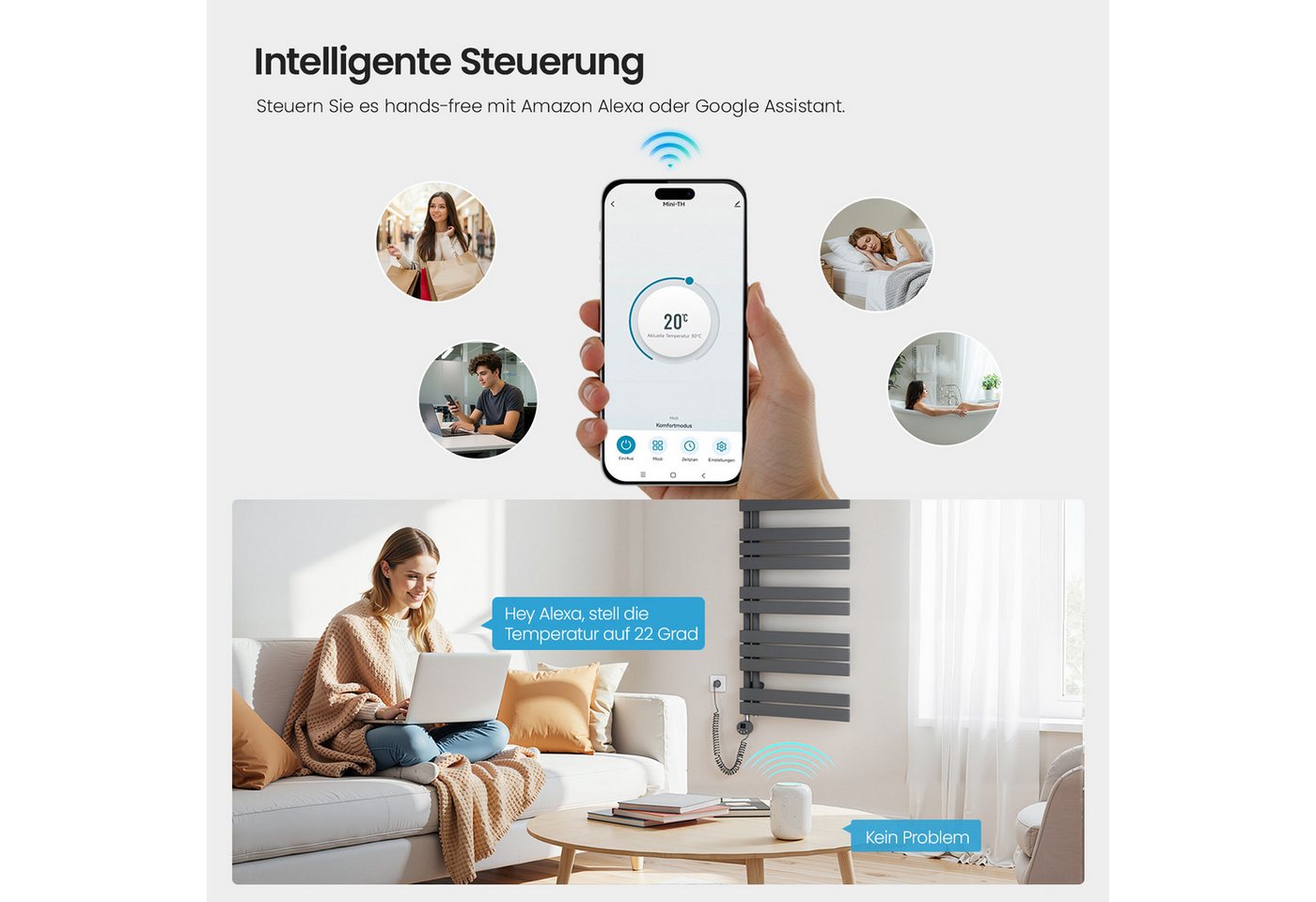 Heilmetz Elektrischer Badheizkörper 138,5 x 40 cm, 600W, mit WLAN Heizstab, Asymmetrisch Design, Anthrazit Handtuchwärmer mit Smart App/Sprachsteuerung – Bild 3 von 5
